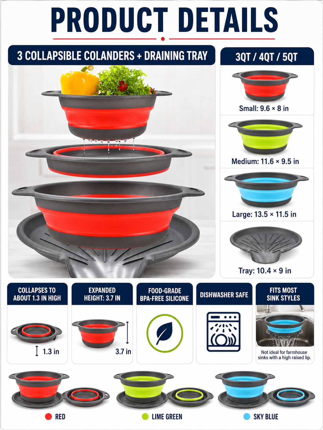 🥗 Collapsible Colander Set – Self-Draining Silicone Strainers with 3 Sizes for Space-Saving Kitchen Prep
