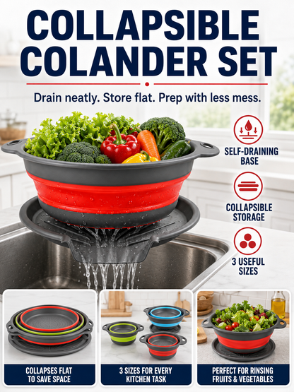 🥗 Collapsible Colander Set – Self-Draining Silicone Strainers with 3 Sizes for Space-Saving Kitchen Prep