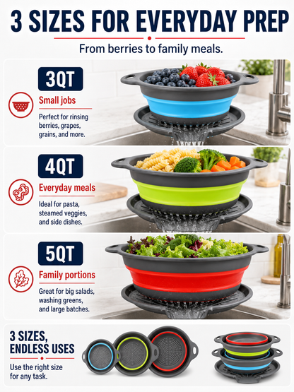 🥗 Collapsible Colander Set – Self-Draining Silicone Strainers with 3 Sizes for Space-Saving Kitchen Prep