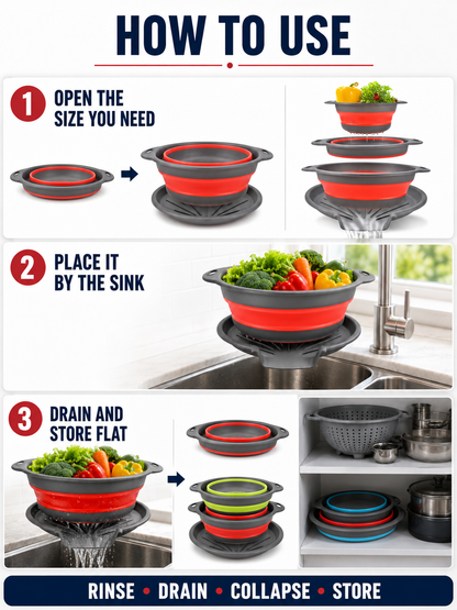 🥗 Collapsible Colander Set – Self-Draining Silicone Strainers with 3 Sizes for Space-Saving Kitchen Prep