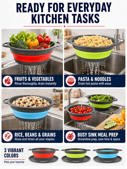 🥗 Collapsible Colander Set – Self-Draining Silicone Strainers with 3 Sizes for Space-Saving Kitchen Prep