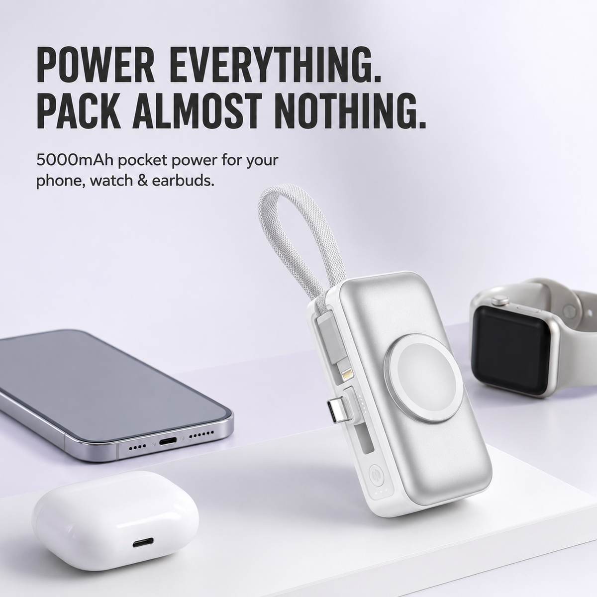 🔋 5000mAh Mini Power Bank – Dual Connectors, Watch Charger & Stand