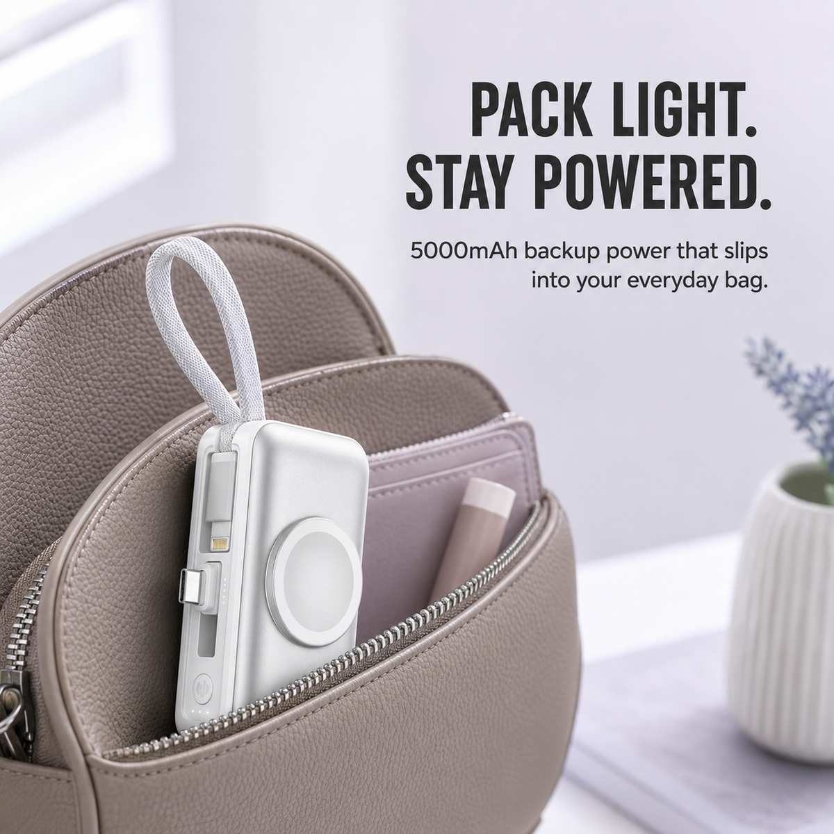 🔋 5000mAh Mini Power Bank – Dual Connectors, Watch Charger & Stand