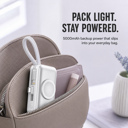 🔋 5000mAh Mini Power Bank – Dual Connectors, Watch Charger & Stand