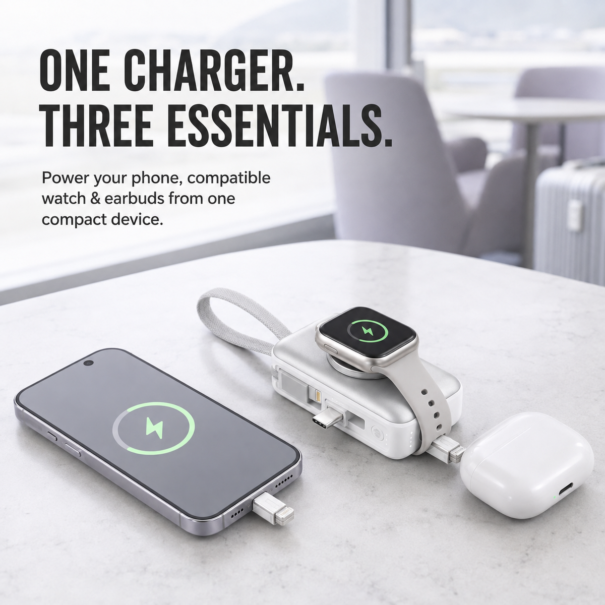 🔋 5000mAh Mini Power Bank – Dual Connectors, Watch Charger & Stand