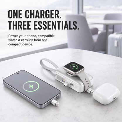 🔋 5000mAh Mini Power Bank – Dual Connectors, Watch Charger & Stand