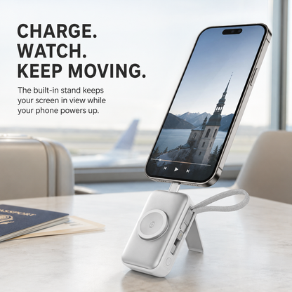 🔋 5000mAh Mini Power Bank – Dual Connectors, Watch Charger & Stand
