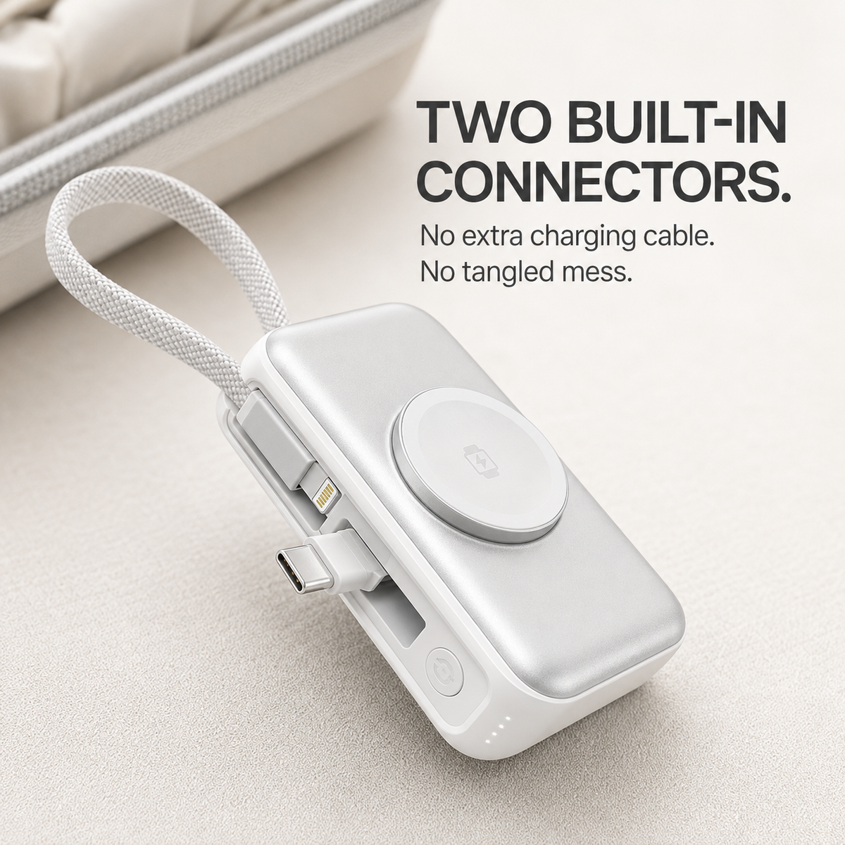 🔋 5000mAh Mini Power Bank – Dual Connectors, Watch Charger & Stand