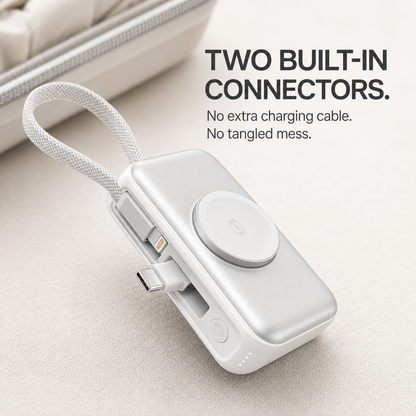 🔋 5000mAh Mini Power Bank – Dual Connectors, Watch Charger & Stand