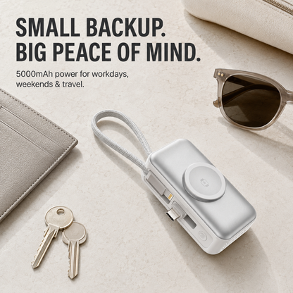 🔋 5000mAh Mini Power Bank – Dual Connectors, Watch Charger & Stand