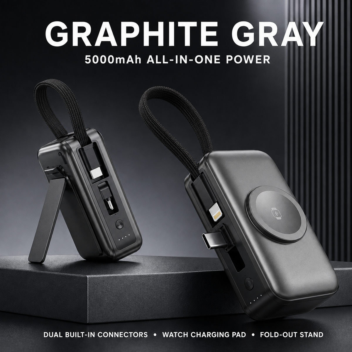 🔋 5000mAh Mini Power Bank – Dual Connectors, Watch Charger & Stand