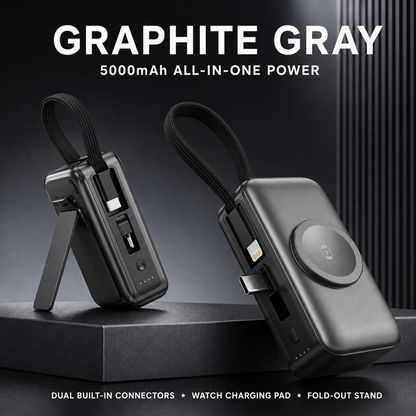 🔋 5000mAh Mini Power Bank – Dual Connectors, Watch Charger & Stand