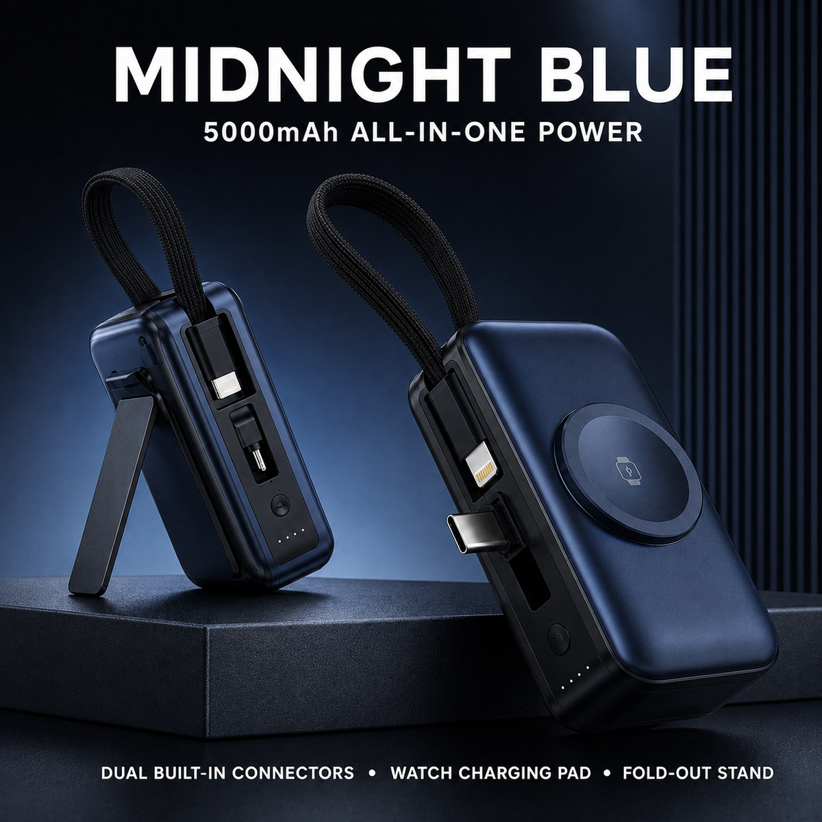 🔋 5000mAh Mini Power Bank – Dual Connectors, Watch Charger & Stand