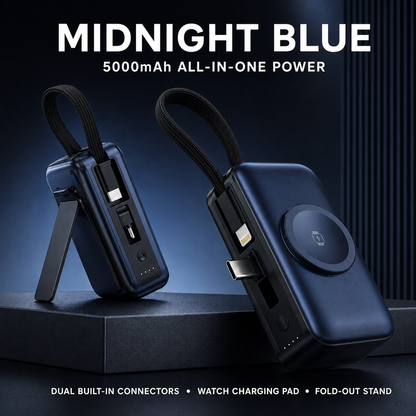🔋 5000mAh Mini Power Bank – Dual Connectors, Watch Charger & Stand