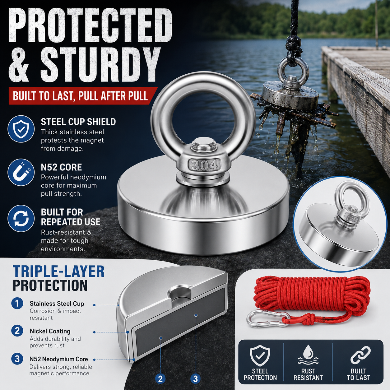 🔥 50% OFF 🧲 N52 Heavy-Duty Fishing Magnet – 3 Pull Strengths Up to 265 lbs
