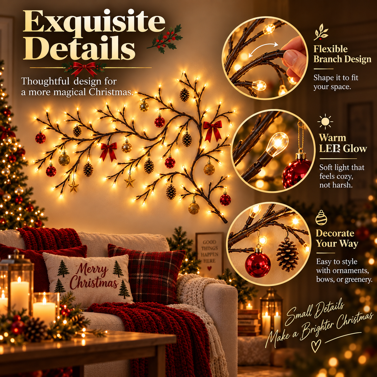 🎄 Flexible Christmas Vine Branch Wall Lights with 8 Modes & Remote Control ✨