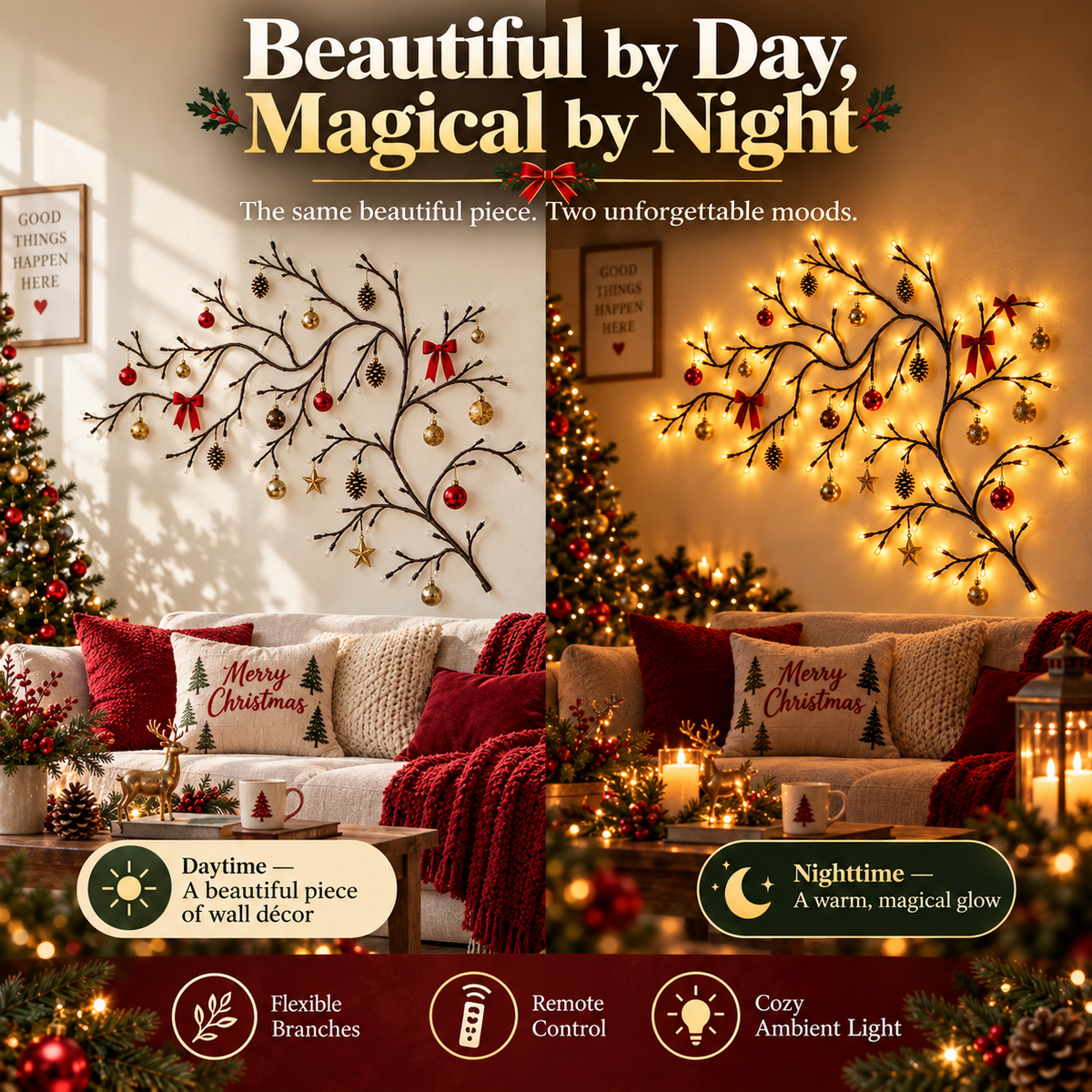 ✨ Flexible LED Branch Lights | Remote-Controlled Holiday Wall Decor(📦Buy 2 Free Shipping)