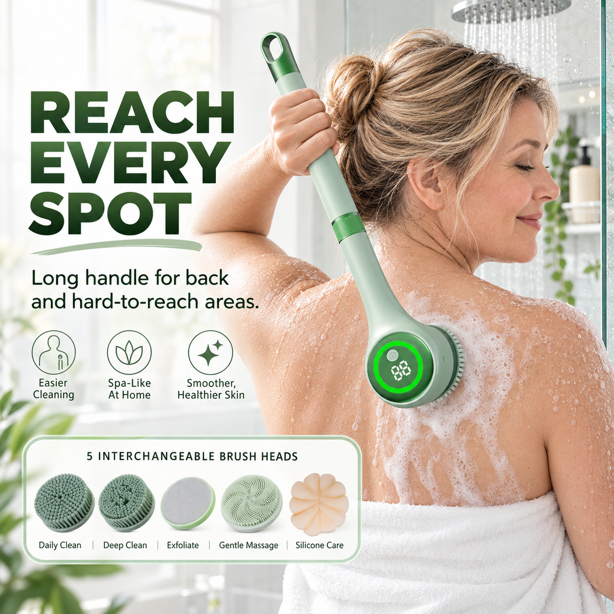 🚿✨ 5-in-1 Electric Body Scrubber with Long Handle – Effortless Deep Cleaning & Gentle Exfoliation in the Shower