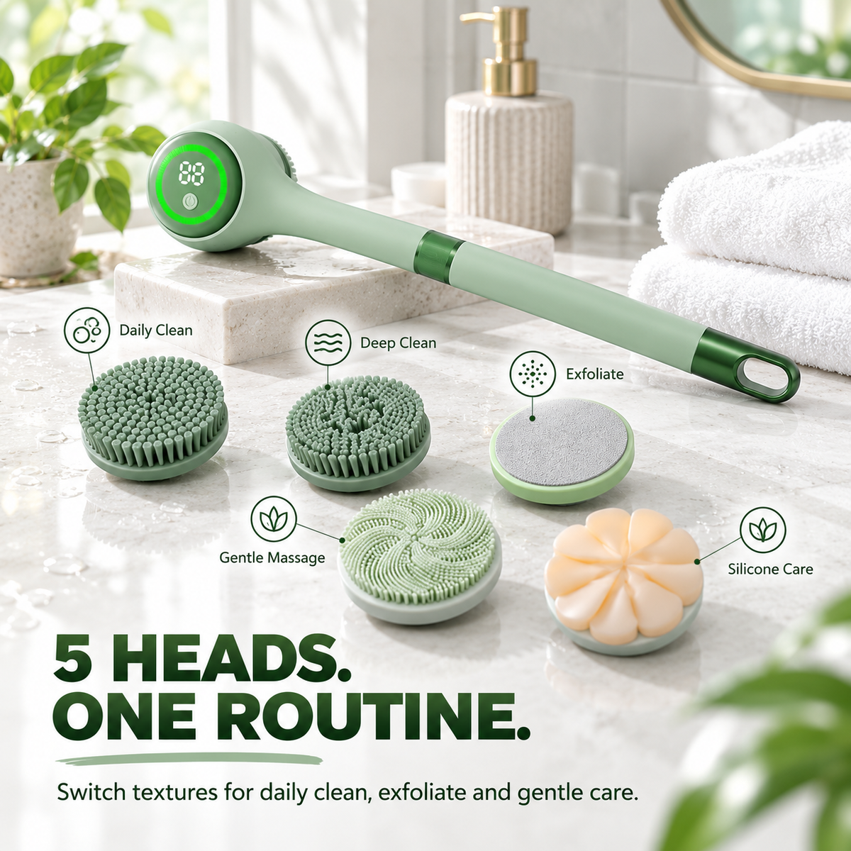 🚿✨ 5-in-1 Electric Body Scrubber with Long Handle – Effortless Deep Cleaning & Gentle Exfoliation in the Shower