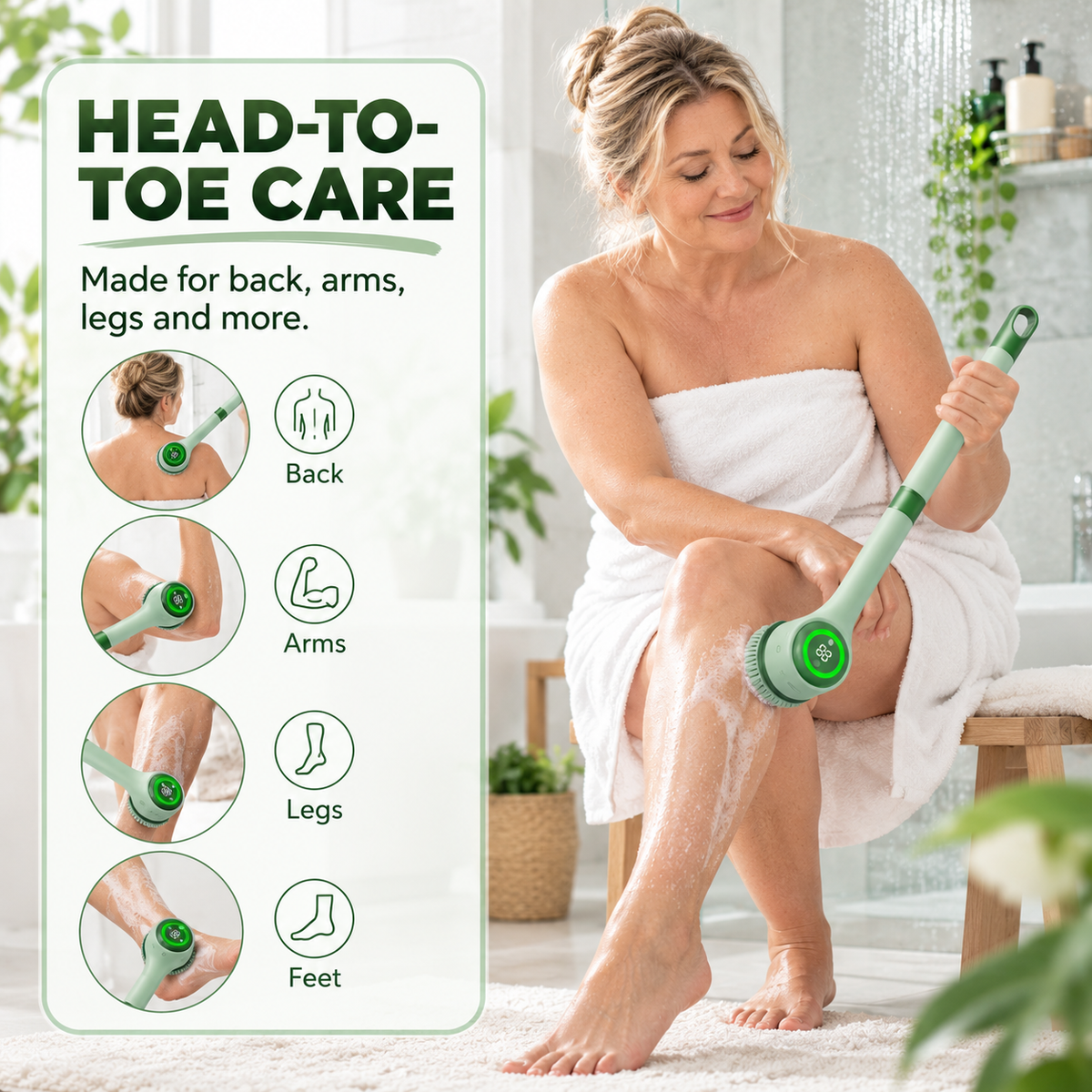 🚿✨ 5-in-1 Electric Body Scrubber with Long Handle – Effortless Deep Cleaning & Gentle Exfoliation in the Shower