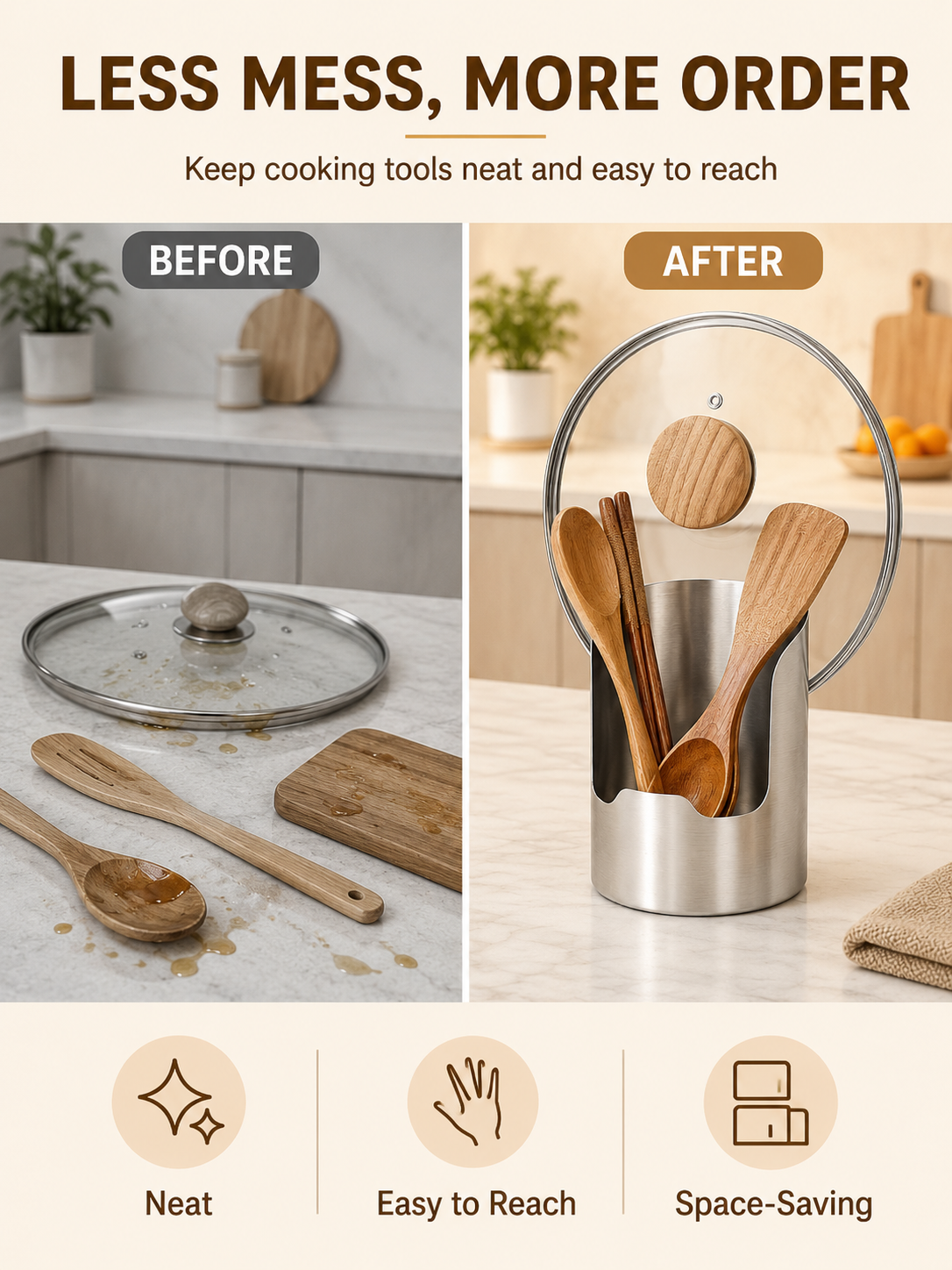 🥄🫕 Smart Kitchen Utensil Holder 🍳 Heavy Duty Stainless Steel Pot Lid & Spoon Rack with Space Saving Countertop Storage