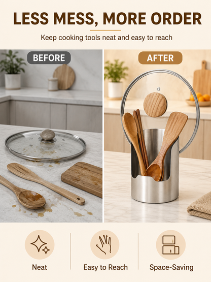 🥄🫕 Smart Kitchen Utensil Holder 🍳 Heavy Duty Stainless Steel Pot Lid & Spoon Rack with Space Saving Countertop Storage
