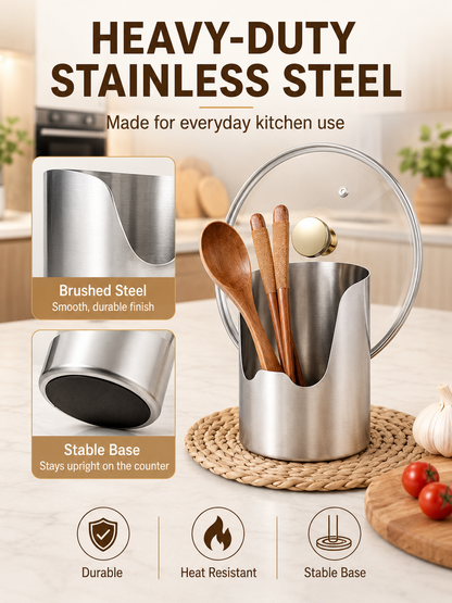 🥄🫕 Smart Kitchen Utensil Holder 🍳 Heavy Duty Stainless Steel Pot Lid & Spoon Rack with Space Saving Countertop Storage