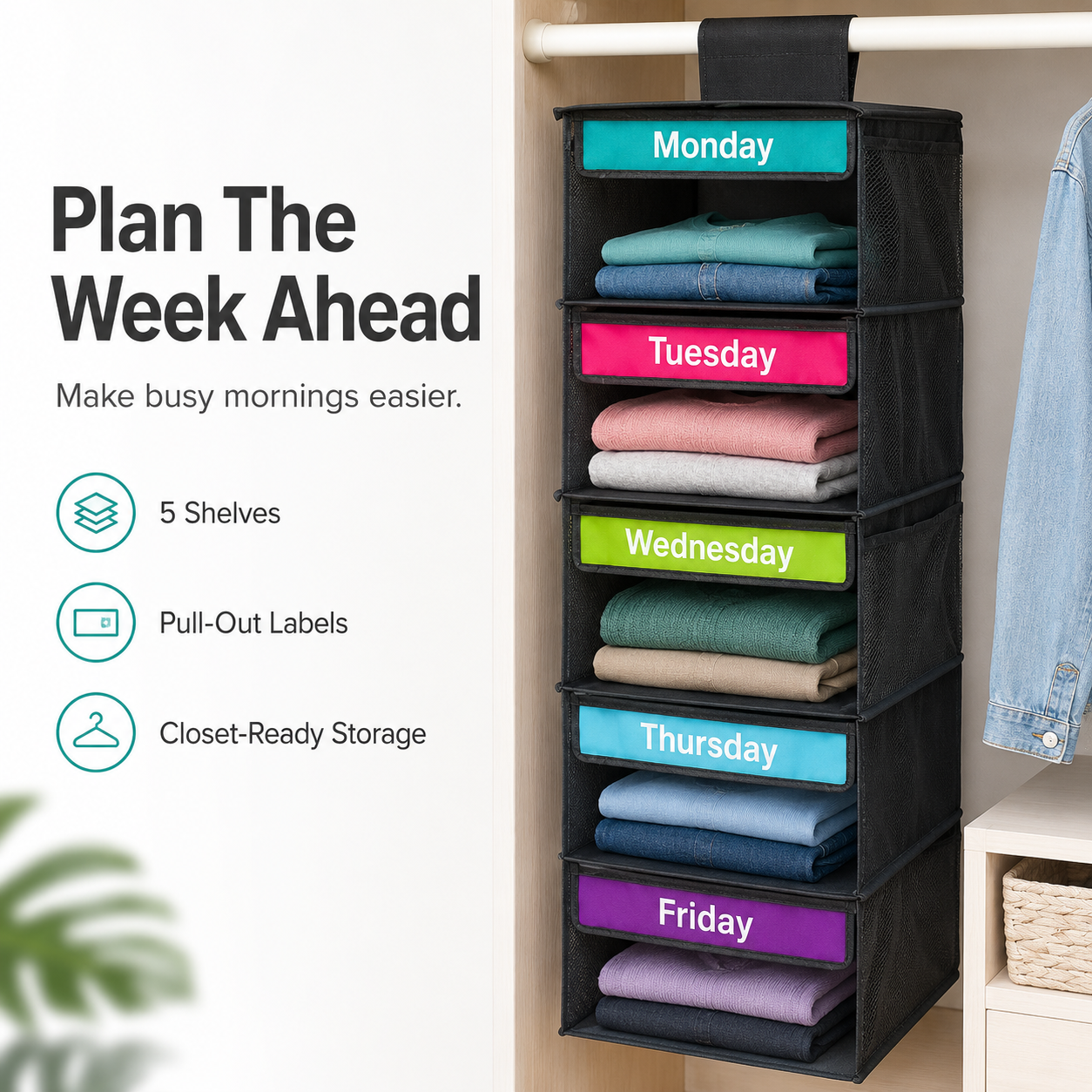🎁 50% OFF TODAY 5-Day Hanging Clothes Organizer – Turn Closet Chaos Into Grab-and-Go