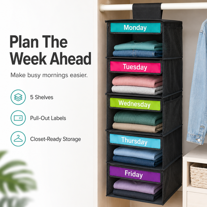🎁 50% OFF TODAY 5-Day Hanging Clothes Organizer – Turn Closet Chaos Into Grab-and-Go