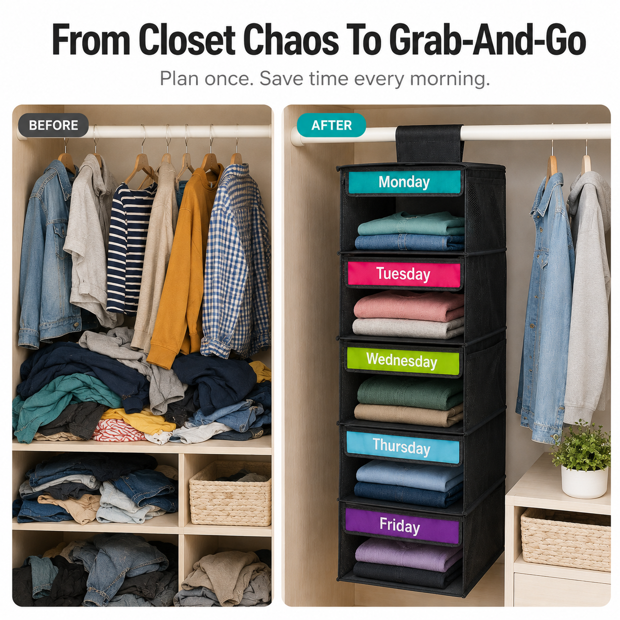 🎁 50% OFF TODAY 5-Day Hanging Clothes Organizer – Turn Closet Chaos Into Grab-and-Go