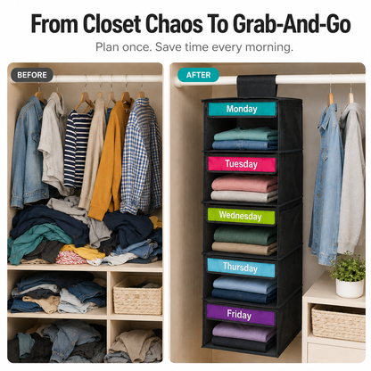 🎁 50% OFF TODAY 5-Day Hanging Clothes Organizer – Turn Closet Chaos Into Grab-and-Go