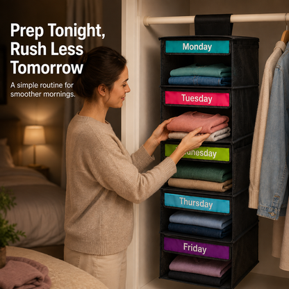 🎁 50% OFF TODAY 5-Day Hanging Clothes Organizer – Turn Closet Chaos Into Grab-and-Go