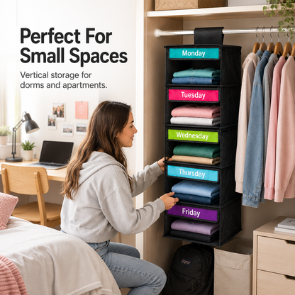 🎁 50% OFF TODAY 5-Day Hanging Clothes Organizer – Turn Closet Chaos Into Grab-and-Go