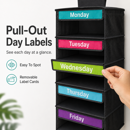 🎁 50% OFF TODAY 5-Day Hanging Clothes Organizer – Turn Closet Chaos Into Grab-and-Go