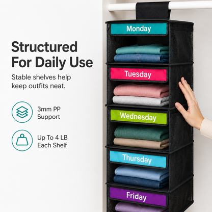 🎁 50% OFF TODAY 5-Day Hanging Clothes Organizer – Turn Closet Chaos Into Grab-and-Go