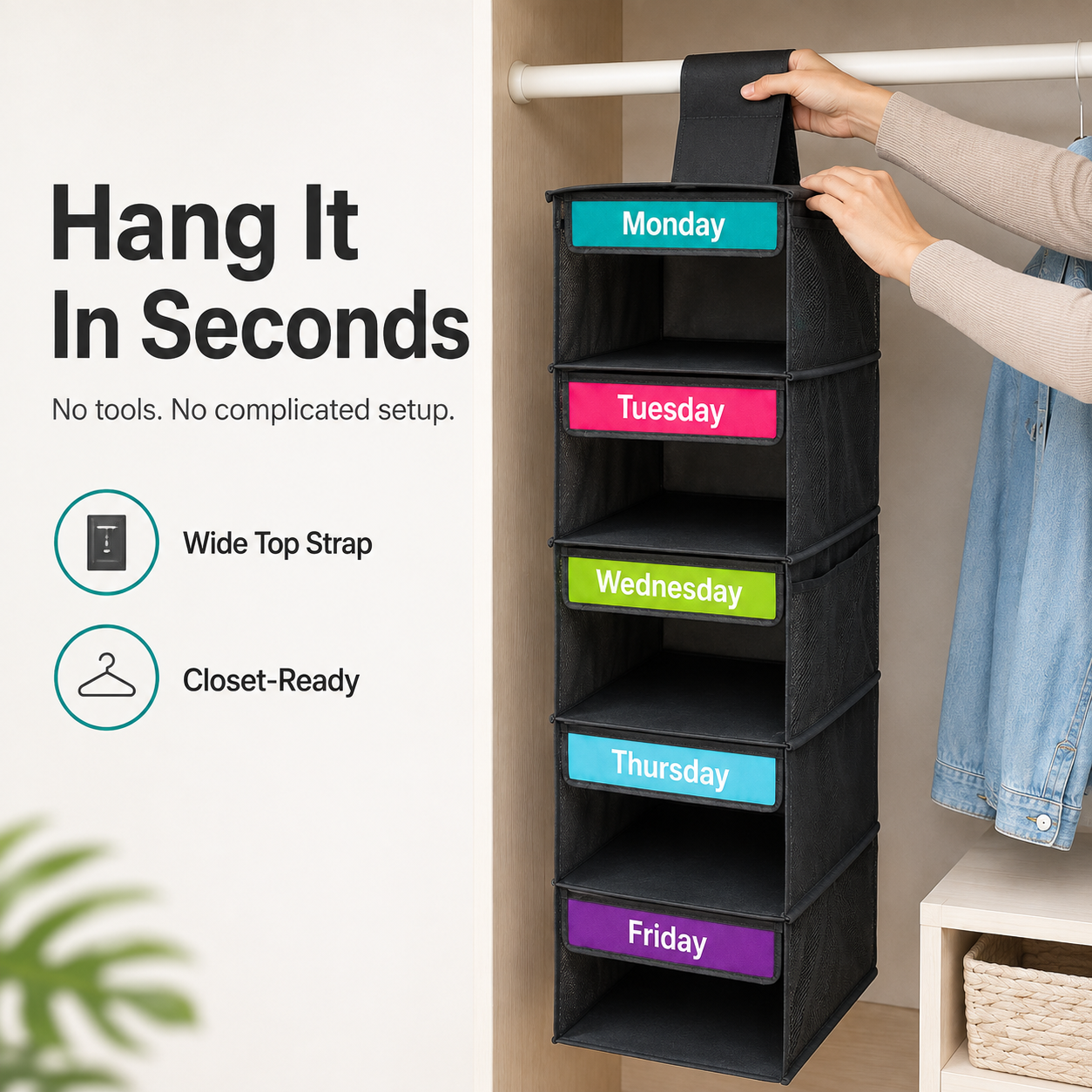🎁 50% OFF TODAY 5-Day Hanging Clothes Organizer – Turn Closet Chaos Into Grab-and-Go