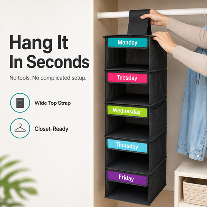 🎁 50% OFF TODAY 5-Day Hanging Clothes Organizer – Turn Closet Chaos Into Grab-and-Go