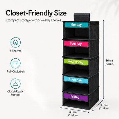 🎁 50% OFF TODAY 5-Day Hanging Clothes Organizer – Turn Closet Chaos Into Grab-and-Go