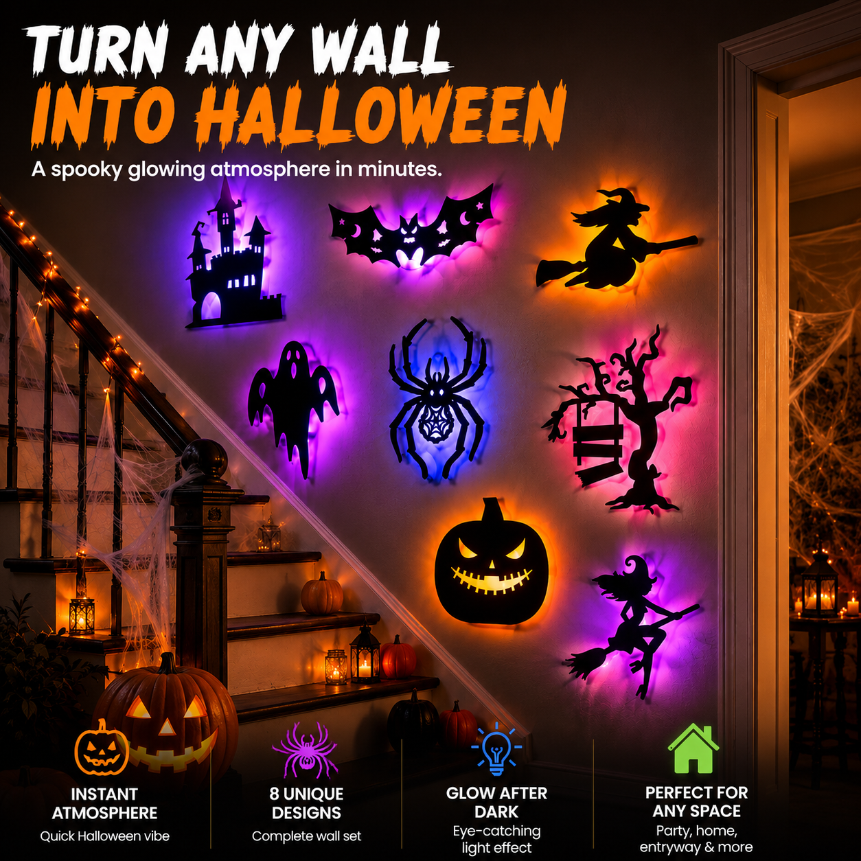 🔥 HALLOWEEN SPECIAL 🎃 30-Piece Glowing Wall Décor Set – Turn Any Wall Into a Spooky Night Scene 👻