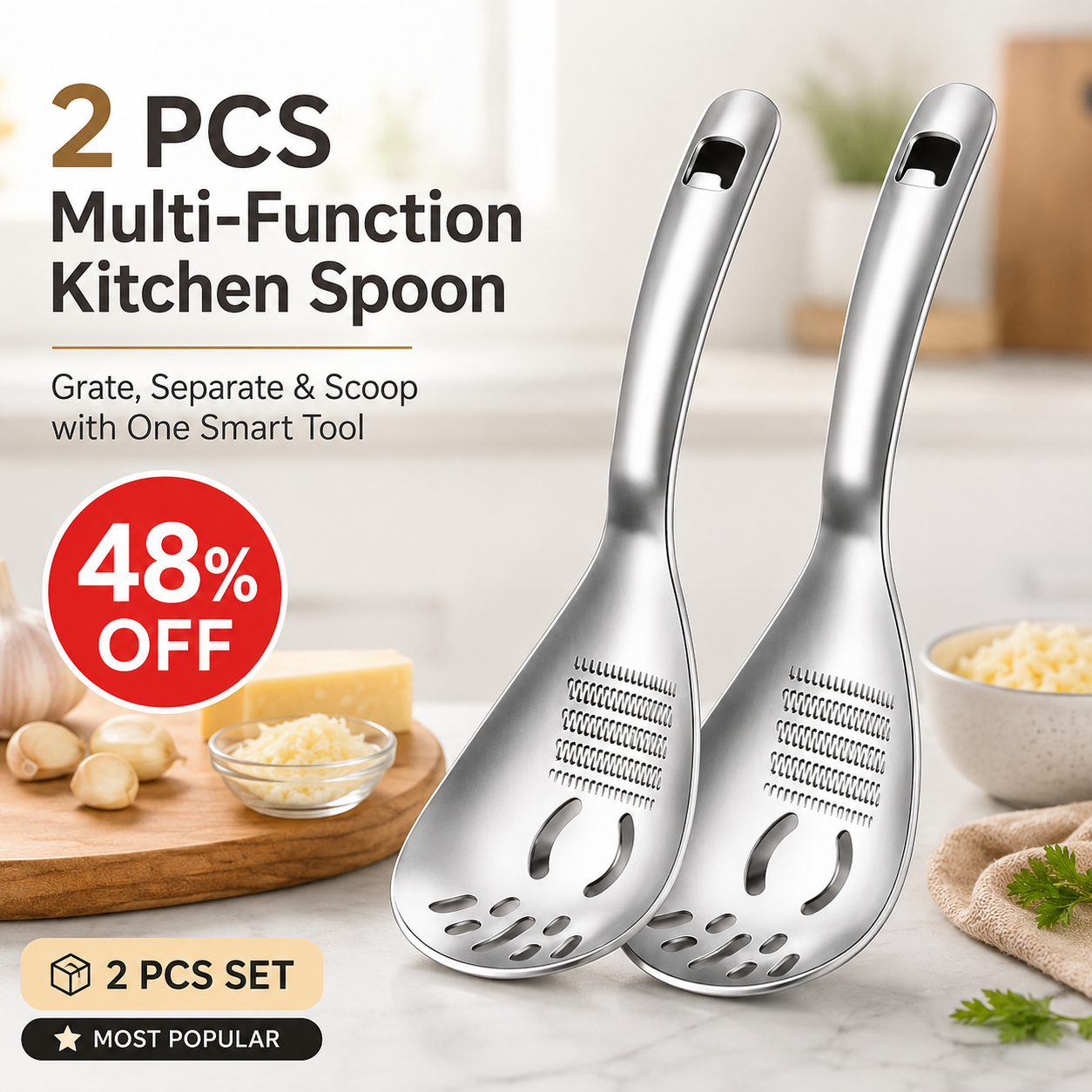 🔥48% OFF 5-in-1 Stainless Steel Kitchen Spoon ✨ Egg Separator, Grater, Masher & Strainer