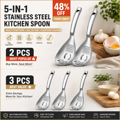 🔥48% OFF 5-in-1 Stainless Steel Kitchen Spoon ✨ Egg Separator, Grater, Masher & Strainer