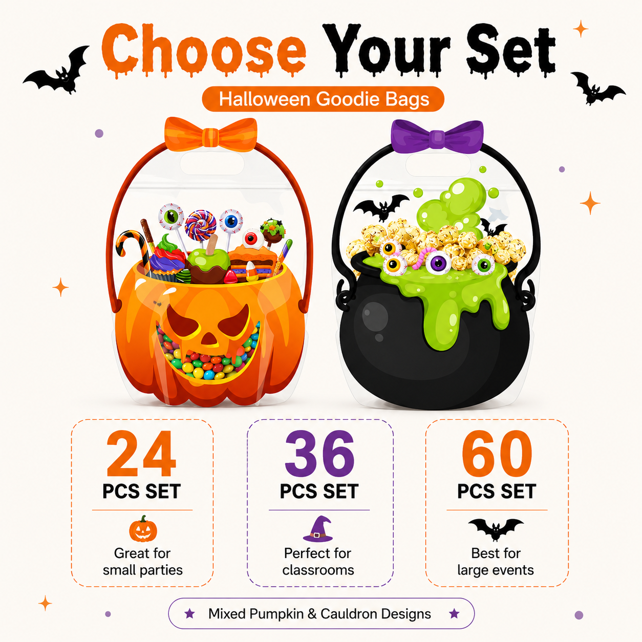 🎃 50% OFF 60 PCS Halloween Goodie Bags Set 🧡 Pumpkin & Cauldron Treat Bags for Trick or Treat Candy Party Favors