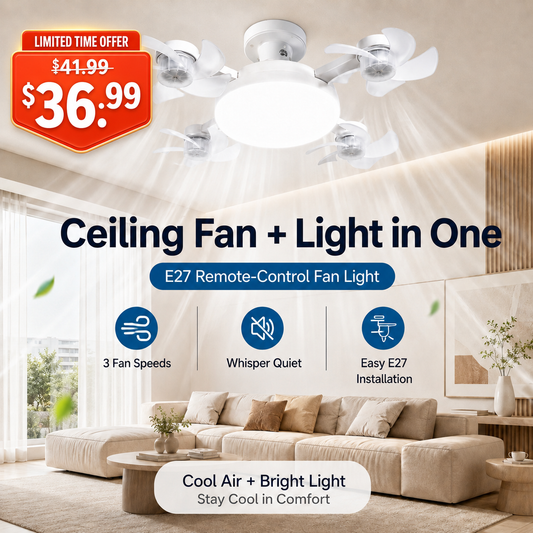 🔥 48% OFF New E27 Socket Ceiling Fan Light - 2-in-1 Silent LED Fan with Remote Control