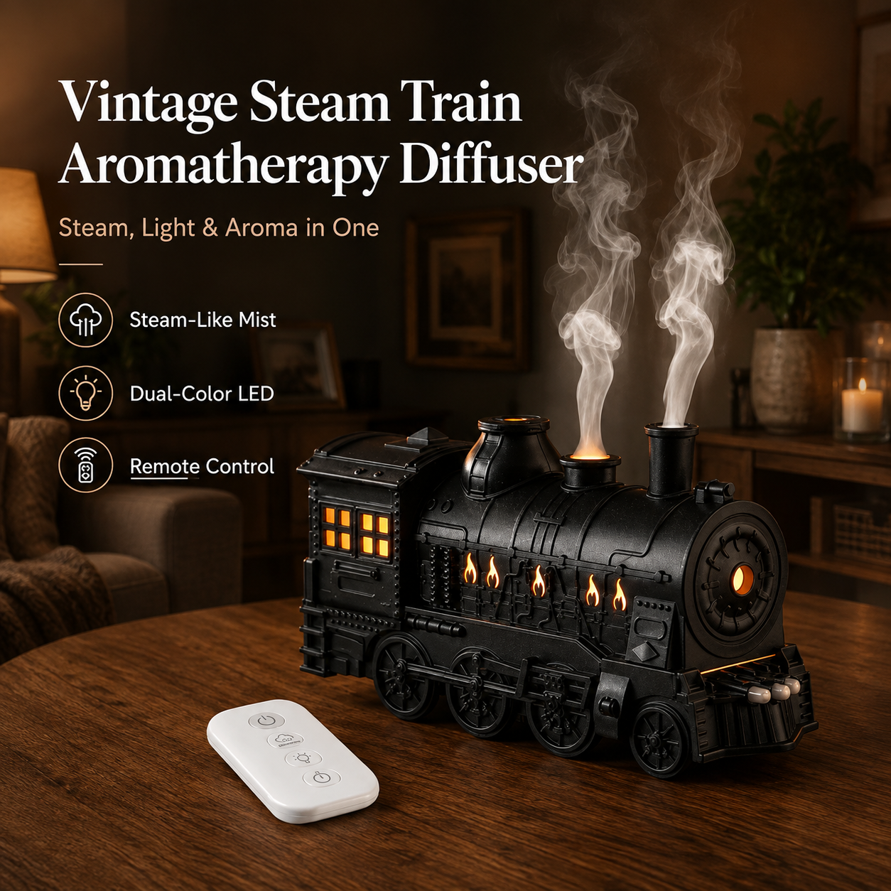 🔥 50% OFF TODAY 🚂 Vintage Steam Train Aromatherapy Diffuser with LED Mood Light ✨