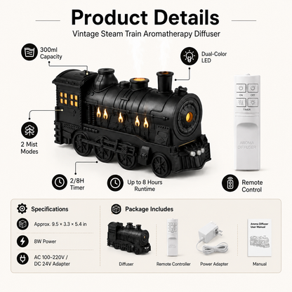 🔥 50% OFF TODAY 🚂 Vintage Steam Train Aromatherapy Diffuser with LED Mood Light ✨