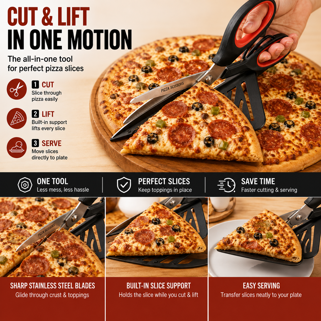 🔥 50% OFF 🍕 2-in-1 Pizza Scissors with Built-In Slice Server