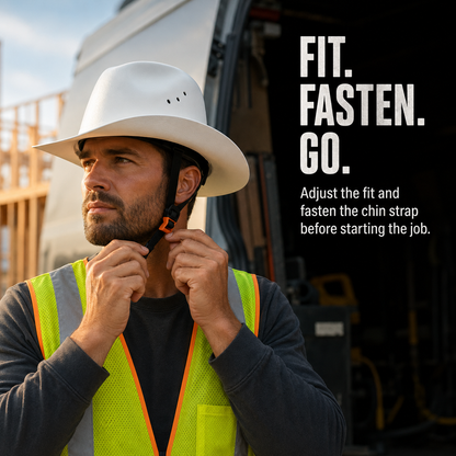 🤠 Cowboy-Style Full-Brim Hard Hat 🛠️ 48% OFF Adjustable Fit with Chin Strap