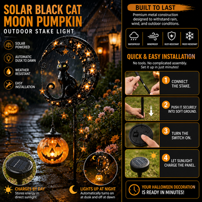 🔥🎃 Solar Black Cat Moon Pumpkin Outdoor Stake Light Transform Your Yard Into A Magical Halloween Wonderland
