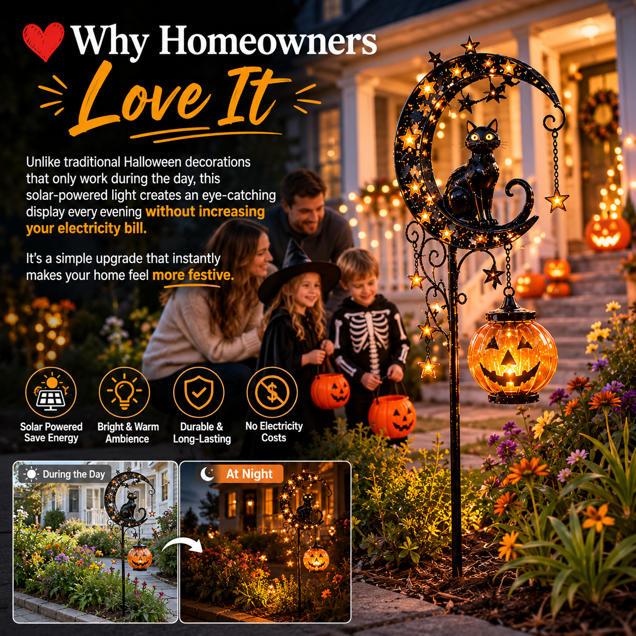🔥🎃 Solar Black Cat Moon Pumpkin Outdoor Stake Light Transform Your Yard Into A Magical Halloween Wonderland