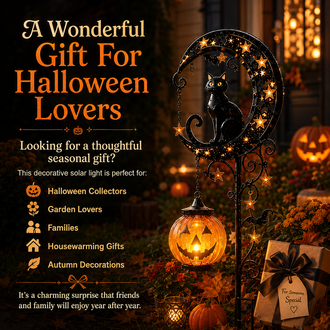 🔥🎃 Solar Black Cat Moon Pumpkin Outdoor Stake Light Transform Your Yard Into A Magical Halloween Wonderland